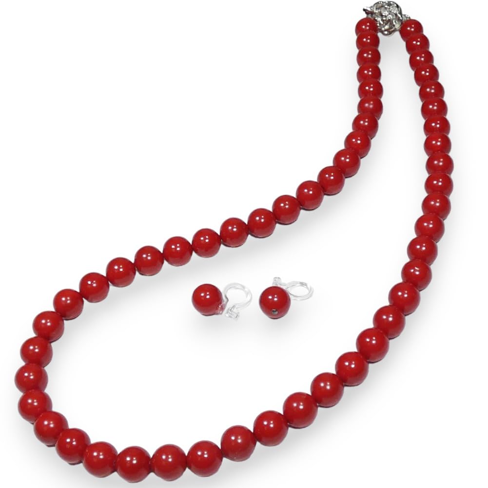 Коралловое ожерелье синтетическое 42 см серьги бонусный набор кроваво-красное коралловое ожерелье [B-стиль] (8 мм/42 см/Прозрачные серьги)