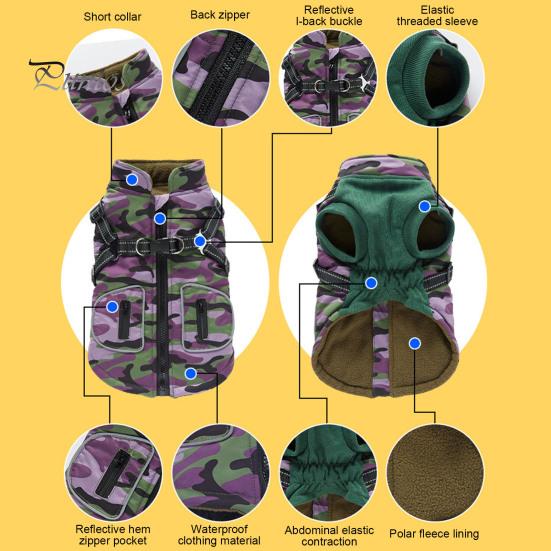 Зимнее пальто для собак, водонепроницаемая куртка для собак на молнии, ветрозащитная куртка для щенков, теплое пальто, светоотражающая одежда для собак со шлейкой