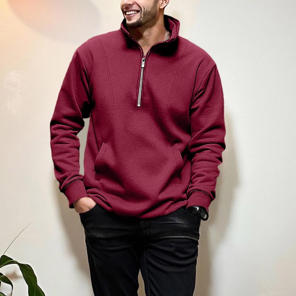 Мужские флисовые свитшоты-пуловеры с подкладкой на осень-зиму, теплые, с длинным рукавом, с воротником-стойкой, топы-свитшоты с карманом