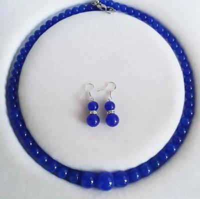 Модные круглые нефритовые бусины с синими сапфирами 6-14 мм, ожерелье, серьги, комплект ювелирных изделий 18 дюймов