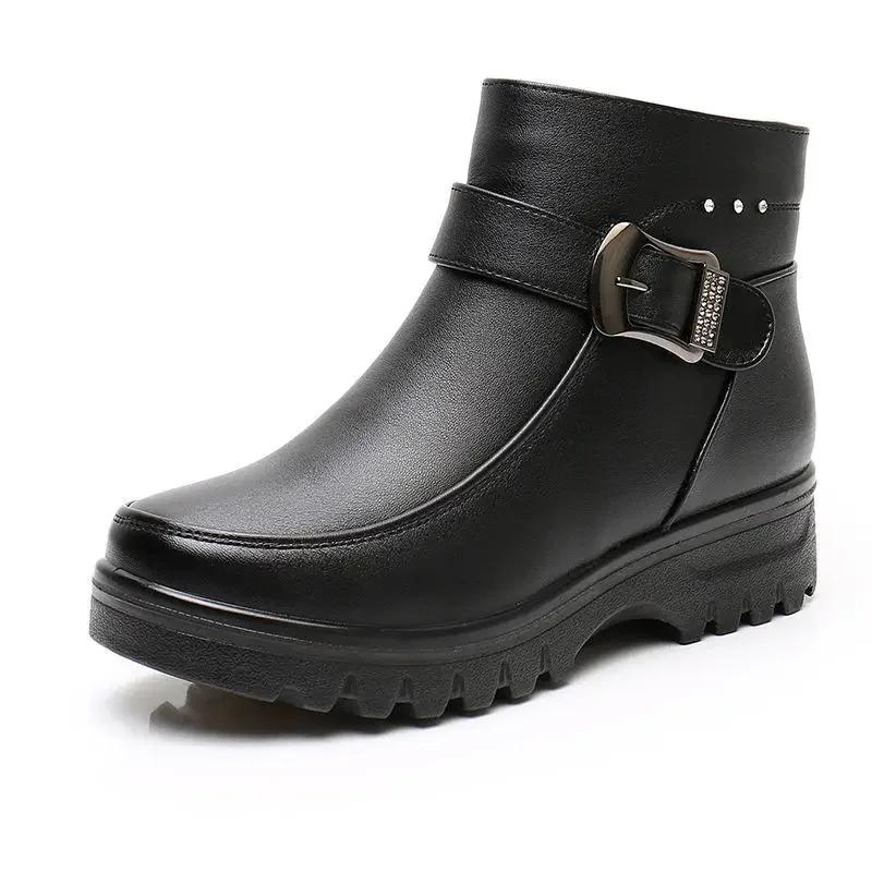Тенденция Кожаные Сапоги Зимние Для Среднего Возраста На Плоской Подошве Обувь для Женщин Теплые Хлопковые Сапоги Мягкая Подошва Нескользящие Шерстяные Женские Сапоги ПУ