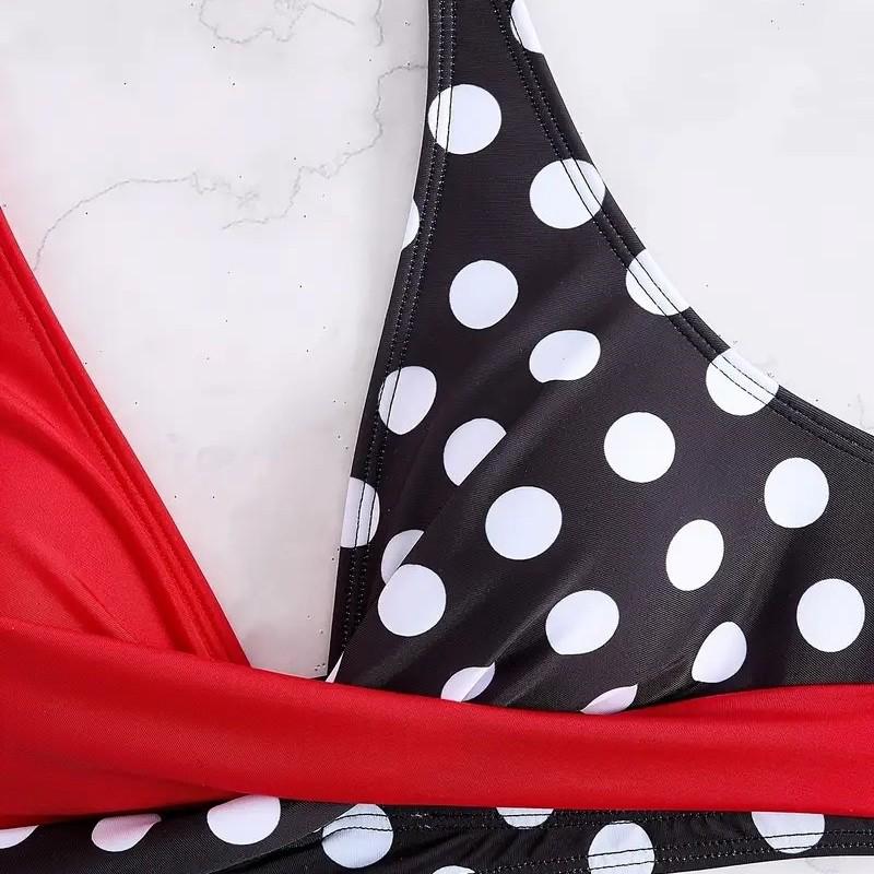 2025 New Cross-Backless Color Block Polka Dot Bikini Set for Women