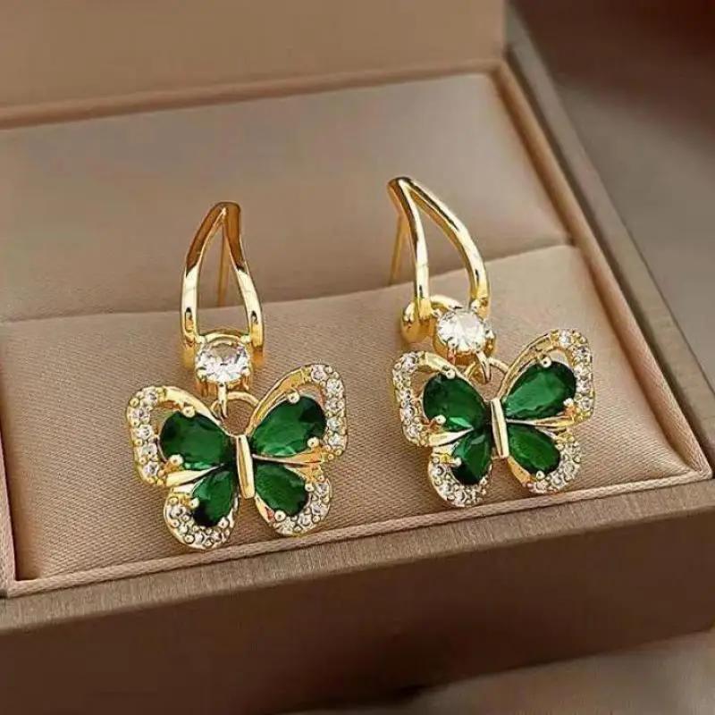 Copper Needle Vintage Green Crystal Butterfly Drop Earrings for Women Jewelry New Trending Luxury Zircon Women's Earrings