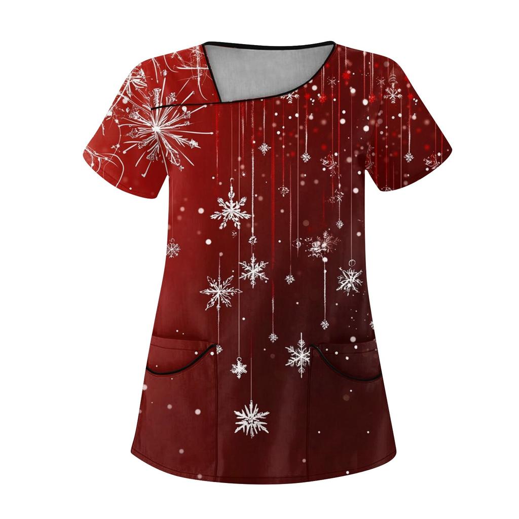 Женская рабочая одежда с рождественским принтом, покатый воротник и двухслойные карманы, базовый пуловер сверху