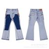 Mens Distressed Patchwork Flared Jeans With Hand-Painted Ink Wash Effect Slim Fit Casual Denim Trousers