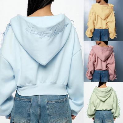 Дизайн Шляпа Вышивка Боковой Бант Свитер Куртка Универсальный Свободный Однотонный Короткий Топ на Молнии Женская Одежда