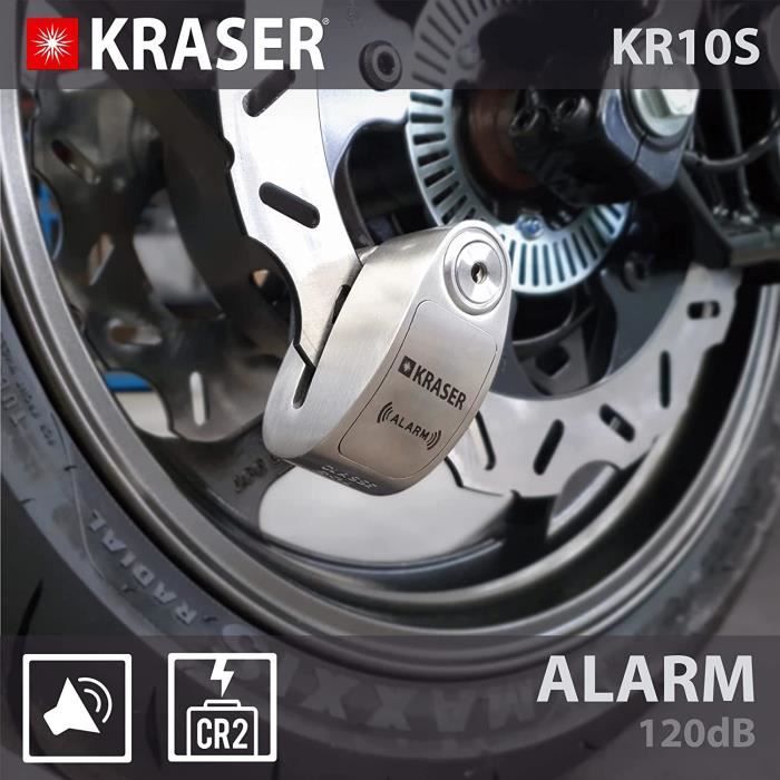 KRASER KR10S Bloque Disque Antivol de Moto Alarme ON / OFF Homologué SRA Haute Sécurité Protection Serrure à disques, Bloque Disque