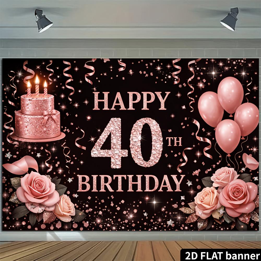 2D plane 40th birthday party backdrop fabric black background with rose gold glittering diamonds theme featuring pink roses
