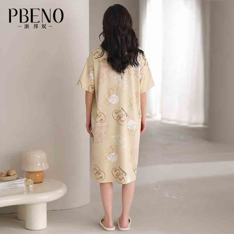 Paibangnu pure cotton summer short sleeved loose and cute cartoon thin nightgown fd