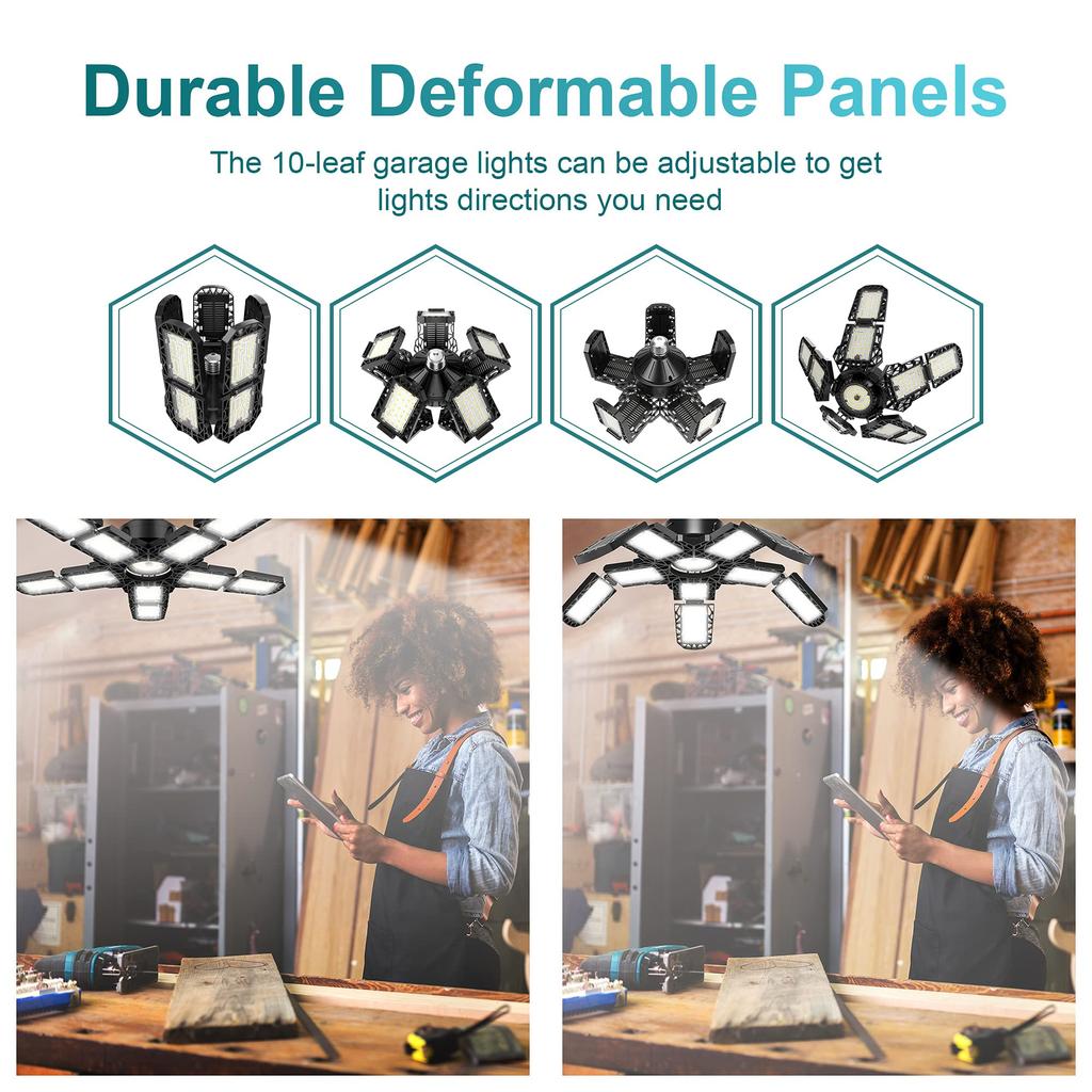 Светодиодный гаражный светильник с 10 панелями и регулируемыми панелями, сверхяркий, потолочное освещение E27/E26, рабочий свет для подвала, мастерской, склада