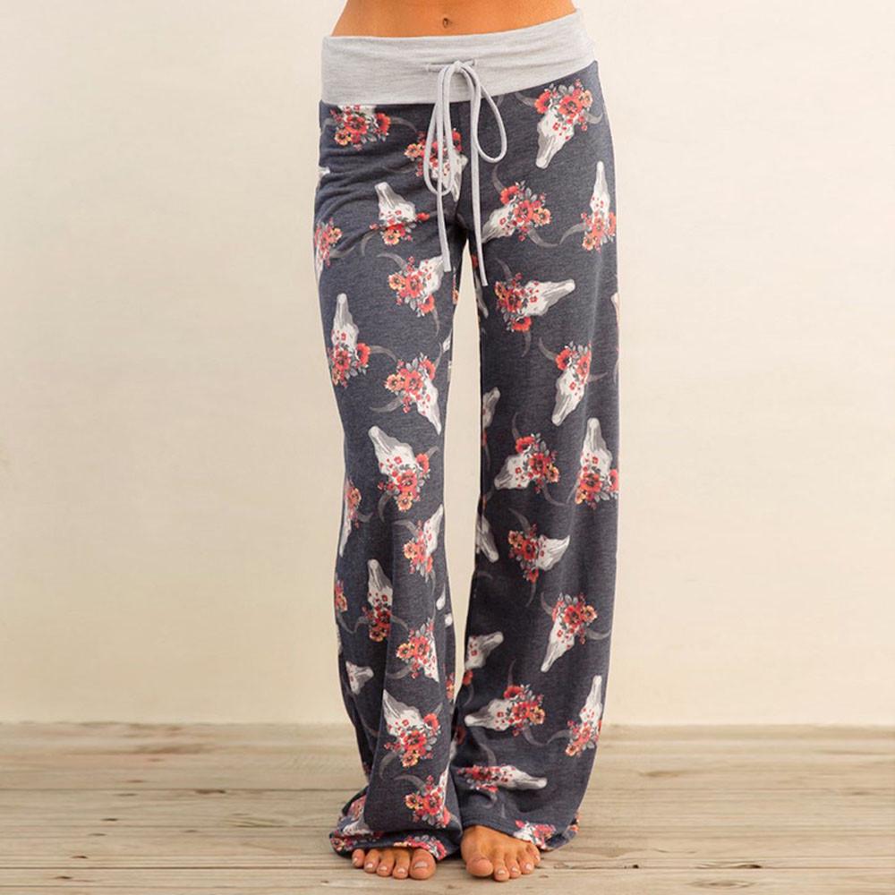 Women Ladies Summer Floral Prints Drawstring Wide Leg Pants Leggings