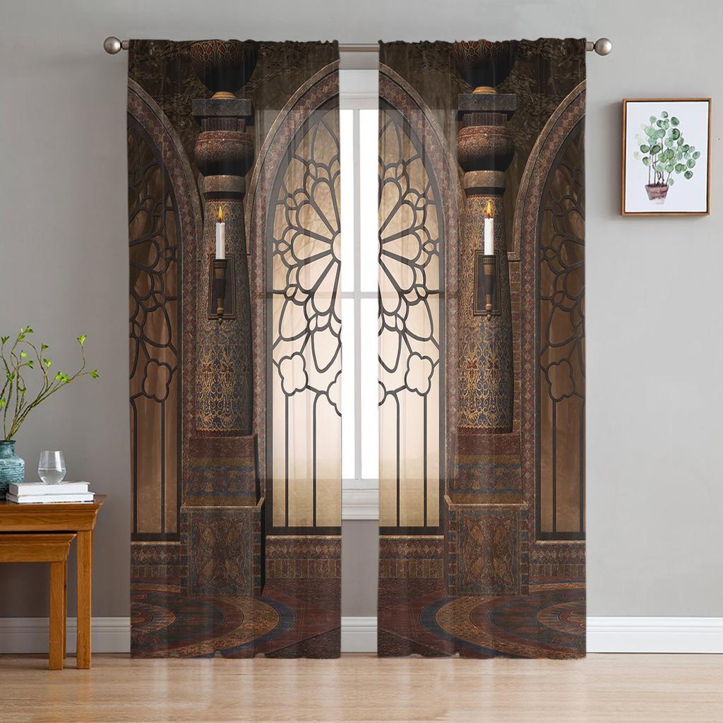 Wooden Door Stone Wall Shabby Retro Tulle Curtains for Living Room Decoration Modern Chiffon Sheer Voile Kitchen Bedroom Curtain