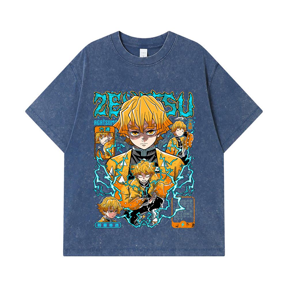 275 GSM Washed T-shirts 100% Cotton Demon Slayer V100 Zenitsu Print Unisex Heavy Cotton T Shirt