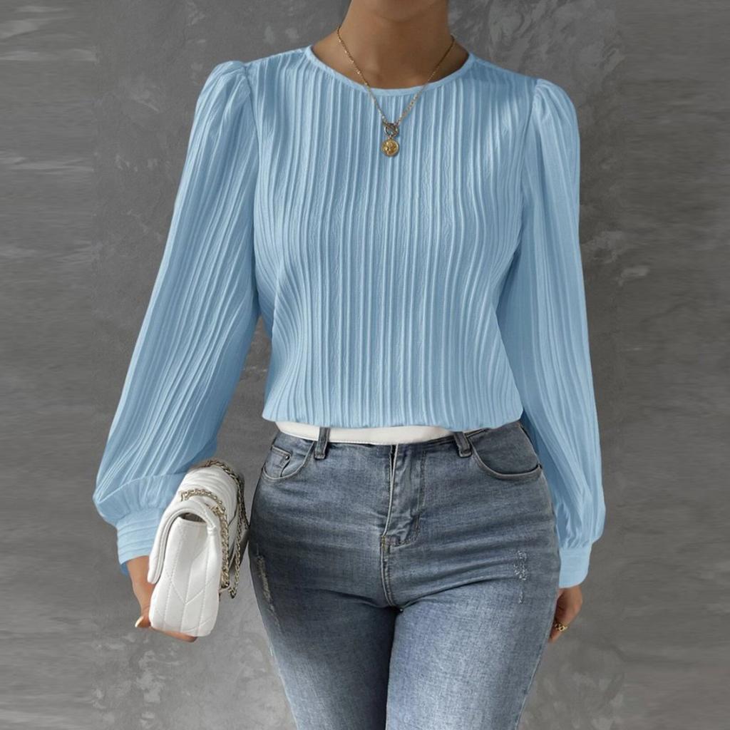 Women's Fashionable Round Neck Long Sleeved Solid Color Loose Shirt Top