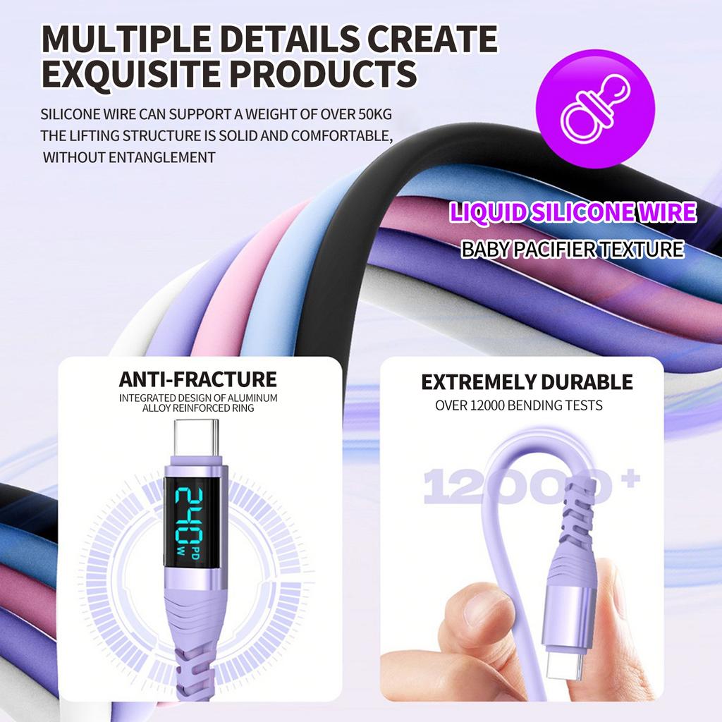 Factory 2M 240W 5A Fast Charging USB-C Silicone LED Display Data Cable PD3.1 for Mobile Phones iPhone 17 for