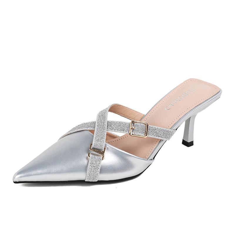 Французские туфли на высоком каблуке женские 2025 новые темпераментные босоножки с перекрестными пряжками тонкие заостренные одинарные туфли из лакированной кожи сзади пустые