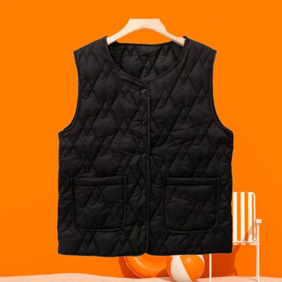 Women's Thermal Vest Sleeveless Single-breasted Closure Jacket Solid Color Round Neck Imitation Silk Cotton Padded Waistcoat for Autumn Winter