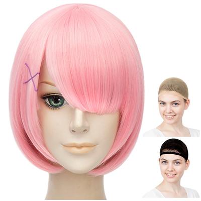 CaseEden Cosplay Включает 2 сетки для парика, парик, гладкий, короткий, 30 см, термостойкий, розовый,