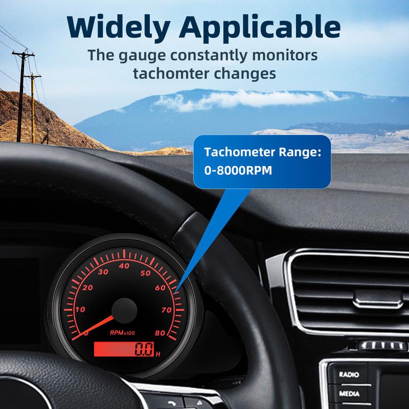 85mm Tachometer Auto Marine RPM Meter Gauge 8000RPM REV Counter LCD Hourmeter with Red Backlights 12V 24V