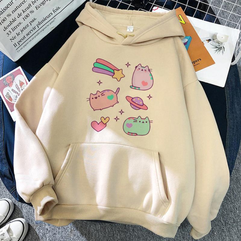 90 s Y2k милый аниме забавный мультяшный кот толстовка для женщин Harajuku Ullzang Kawaii графический кот толстовка зимняя теплая толстовка женская