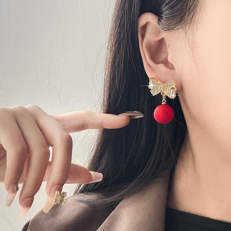 S925 Silver Red Pearl Rhinestone Stud Earrings Christmas Women Luxury