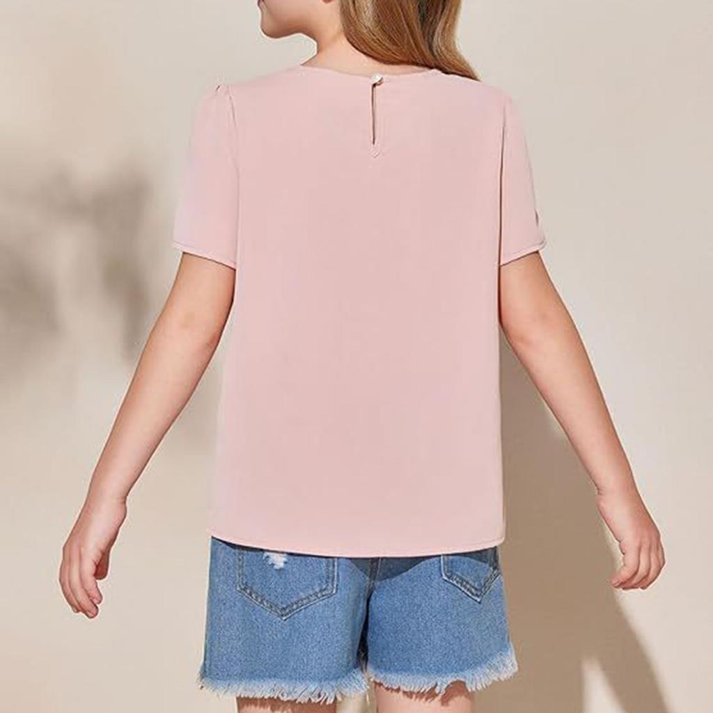 Children's Short-sleeved Solid Color T-shirt For Girls With Puffed Sleeve Chiffon Top