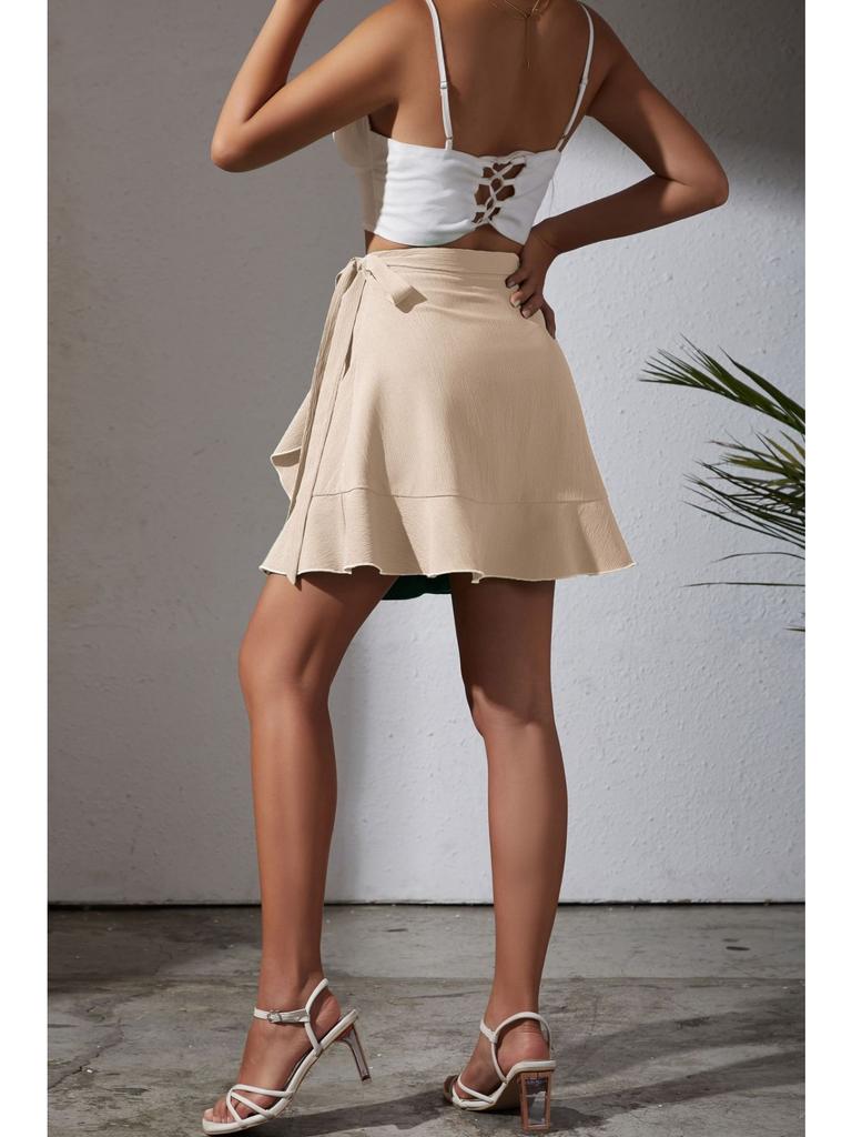 One Piece Lace Up Skirt High Waist Solid Color Ruffled Edge Short Skirt Cross-border Women's Clothing