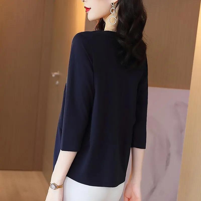 Женская весенняя футболка с рукавом семь восьмых, свободная повседневная, с круглым вырезом