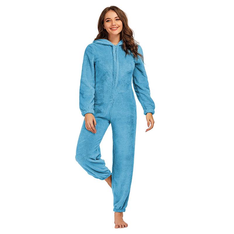 Women Warm Furry Pajamas Plush Fleece Zipper One-Piece Pajamas Soft and Comfortable Hooded Cute Bear Lounge Wear Women Onesies Home Night Sleepwear