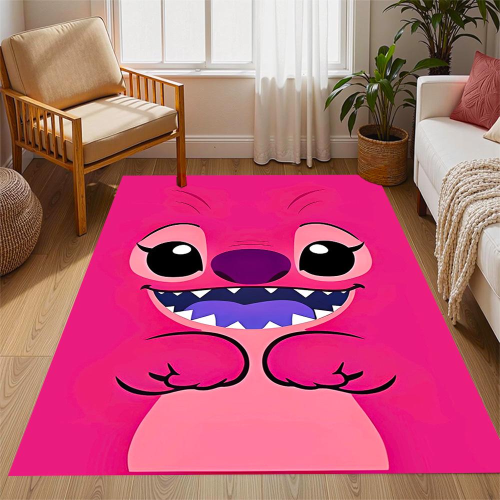 Pink Stitch Heart Background Disney Cartoon Theme Anti-Slip Rug - Polyester, Home Decor, Suitable for Bedrooms, Living Rooms, Doorways, and Studios