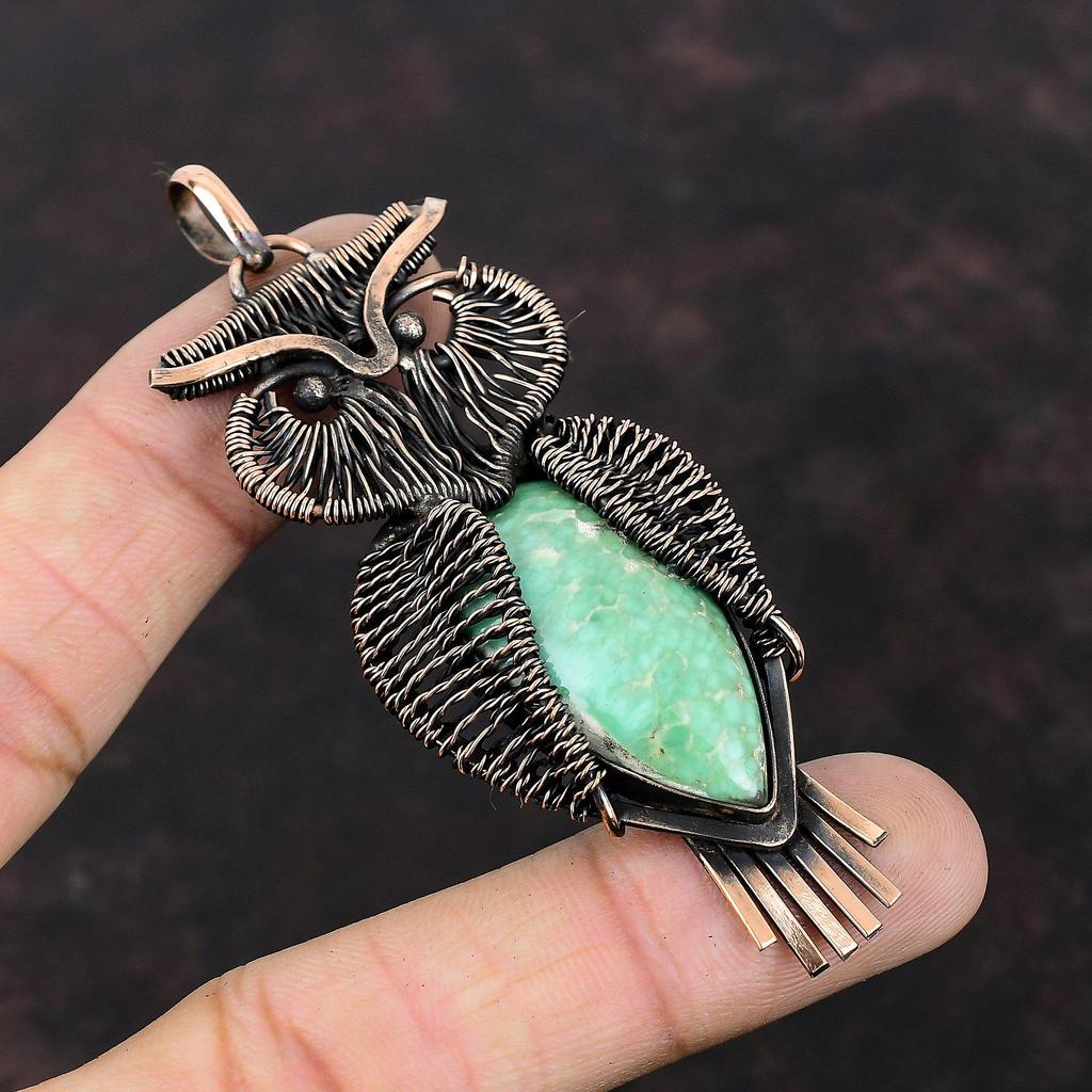 Подвеска из варисцита, обернутая медной проволокой, ювелирное изделие в виде совы из варисцита, новинка ручной работы, подвеска из драгоценного камня для подарка, ювелирное изделие из медной проволоки