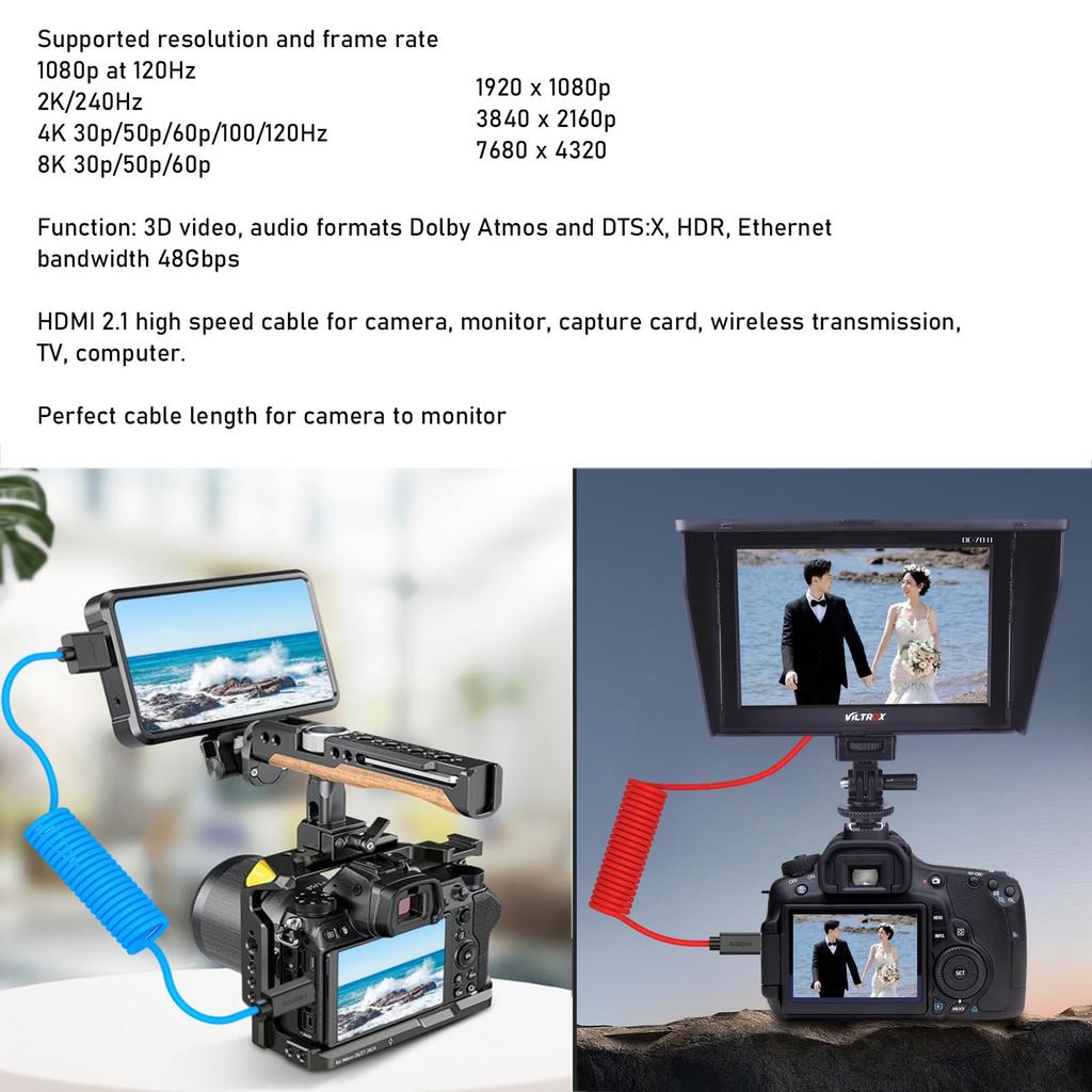 HangTon 8K 4K50 HDMI Braided Spiral Cable for ATOMOS Ninja V Sony Canon Lumix Left Angle to Straight Shinobi, FX30, R1, G9, GH6, Nikon, Blackmagic,