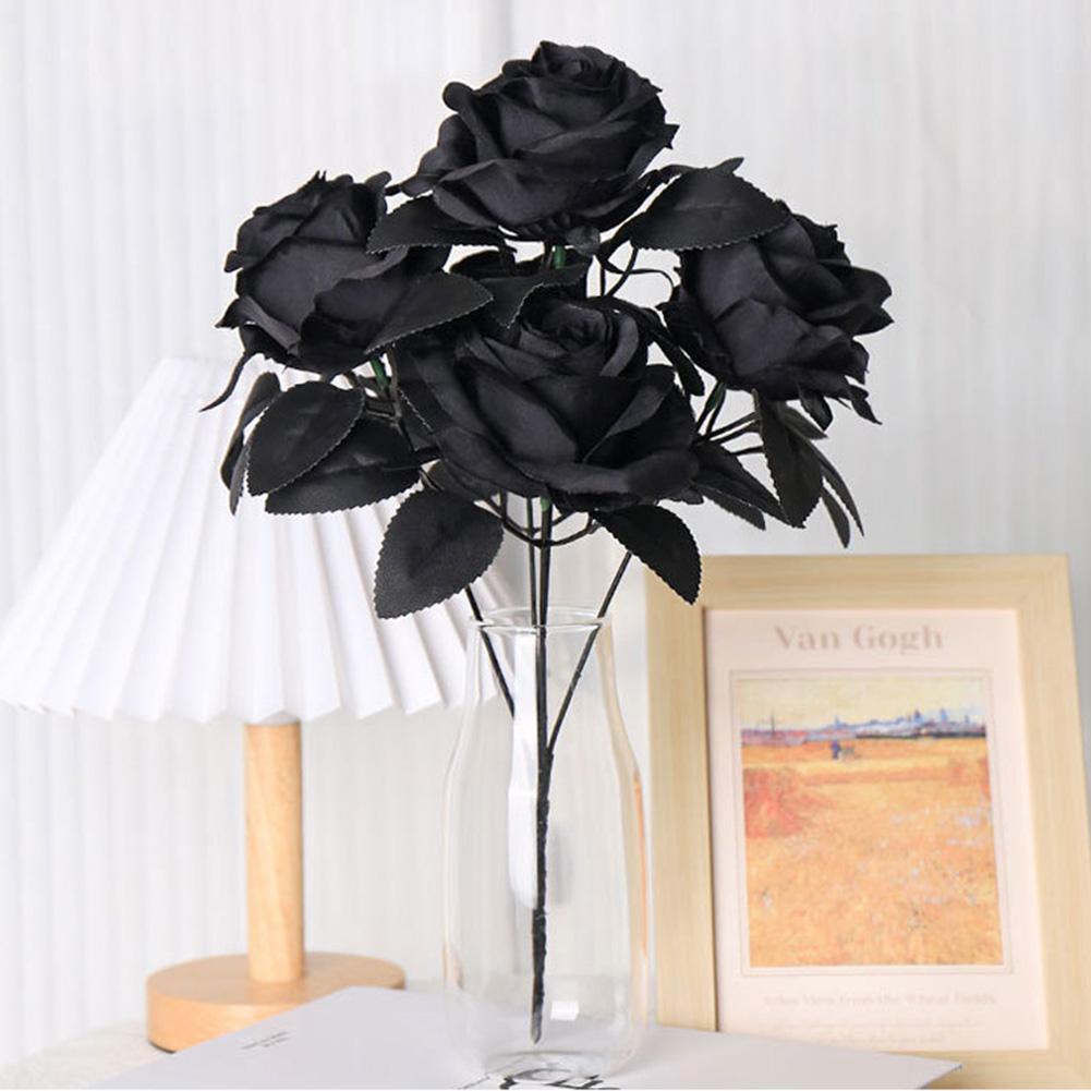 3pcs Black Rose Bouquet For Halloween Decor Set Spooky Mood Artificial Flowers Black Rose Halloween Decor Haunted Houses