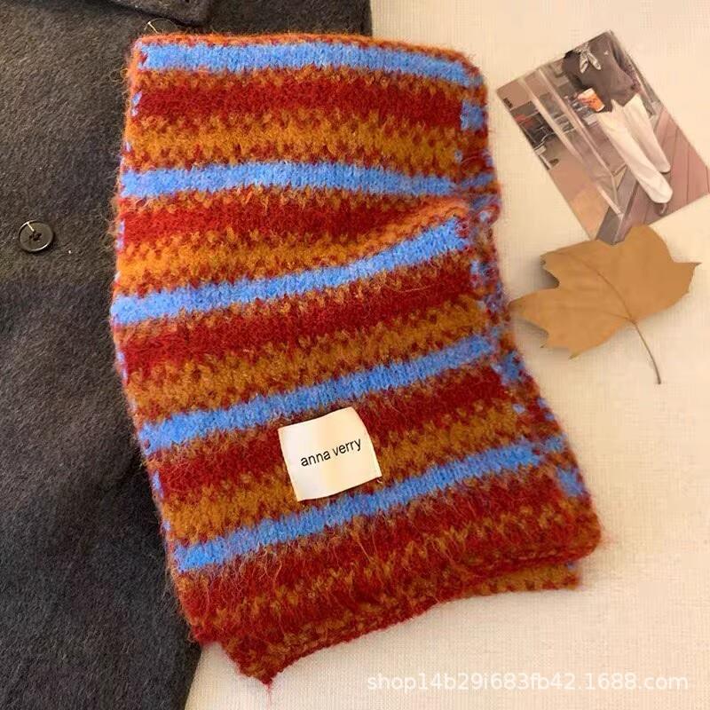 Knitted scarf with Korean autumn and winter atmosphere, women's velvet soft waxy stripes, cold-proof and warm, couple scarf men