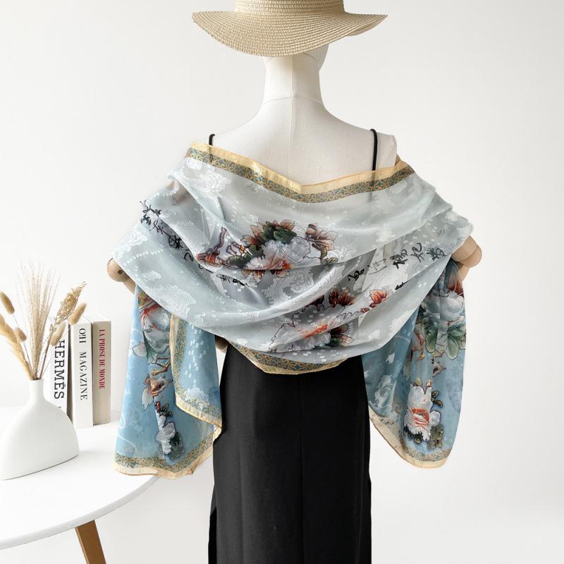 Национальный стиль и национальные тенденции Зеленый ажурный цветочный шаль для ужина для женщин Новый шелковый шарф с принтом ручной работы Высококачественный свадебный шарф