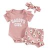 Baby Girls Shorts Set, Short Sleeve Letters Print Romper Flower Print Shorts with Hairband Summer Outfit
