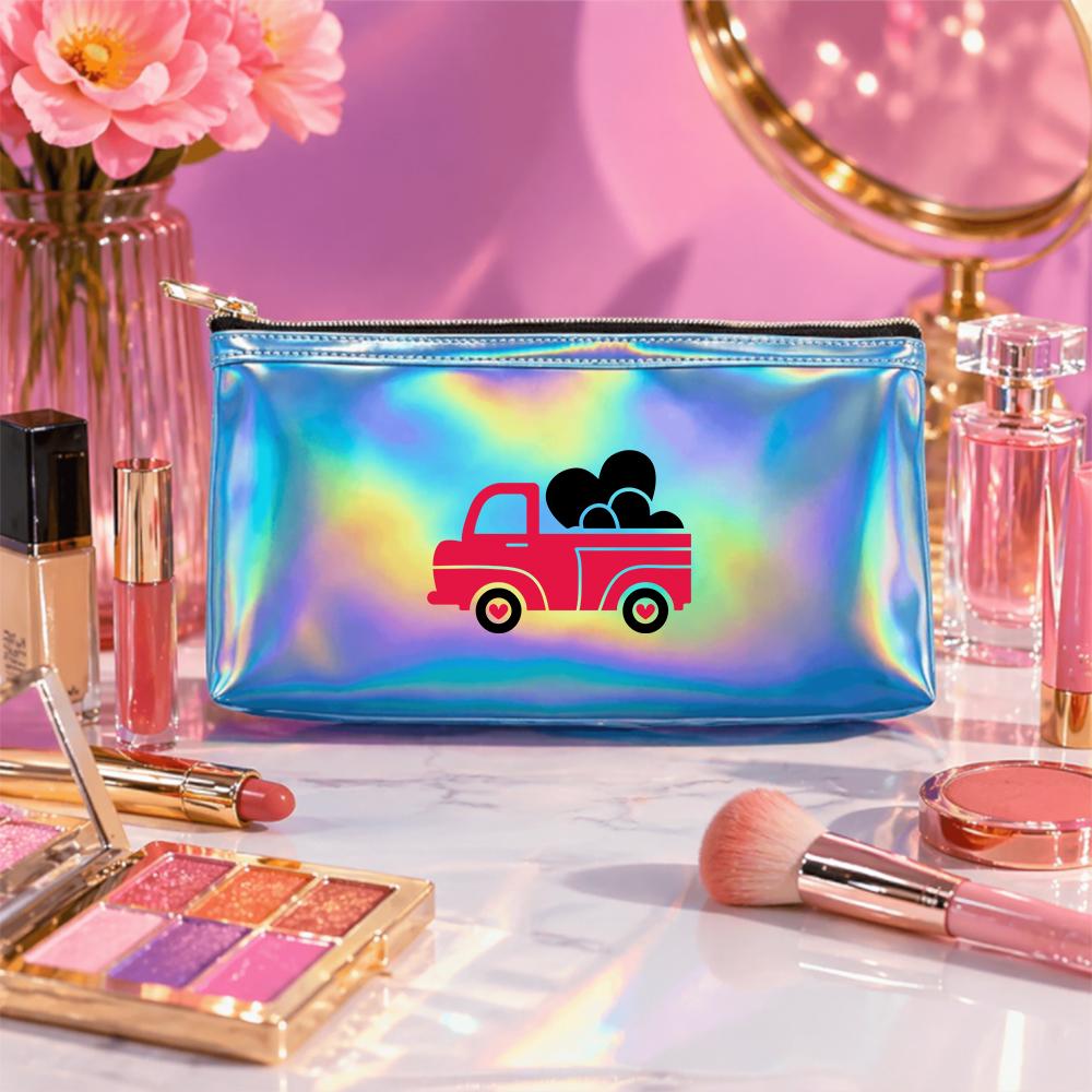 Cute Love Truck Pattern Laser Cosmetic Makeup Bag Holographic Toiletry Pouch,Portable Travel Organizer for Women Girls Gift