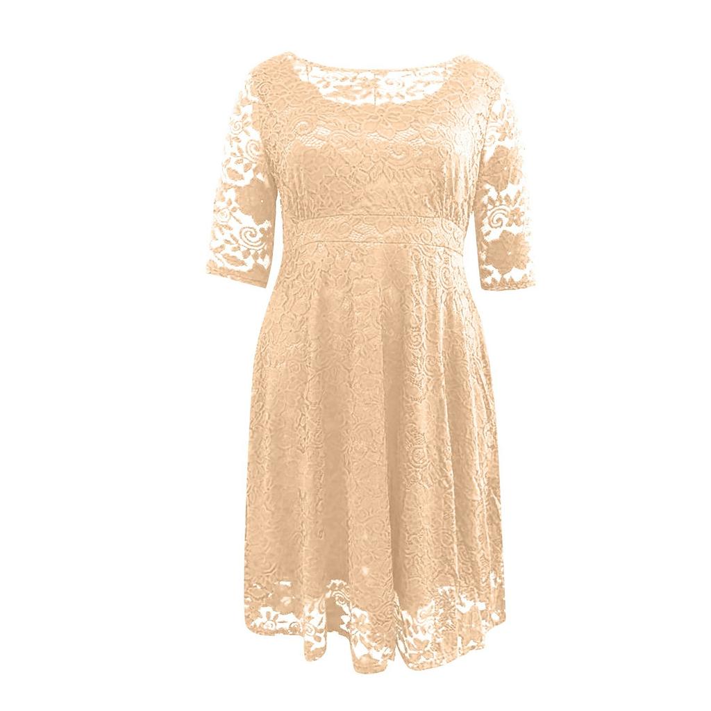 Women's Temperament Three-quarter Sleeve Lace Casual Solid Color O-Neck Plus Size Dress
