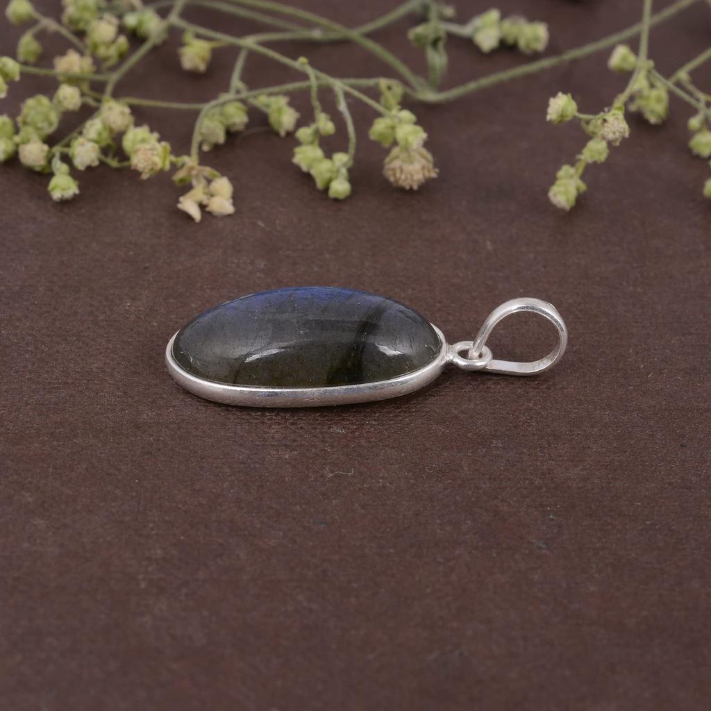 Кулон из лабрадорита Овальный кабошон Твердый 925 пробы Серебряный кулон с драгоценным камнем без цепных украшений для женщин или девочек - 3,75 г