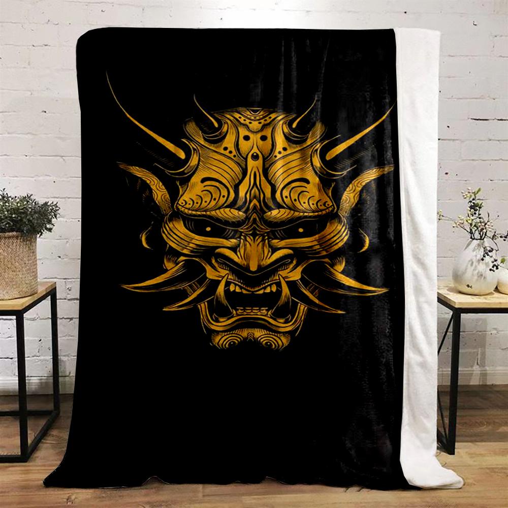 Gold Samurai Demon Mask on Black Design Flannel blanket for bedroom, living room, sofa, and nap sofas