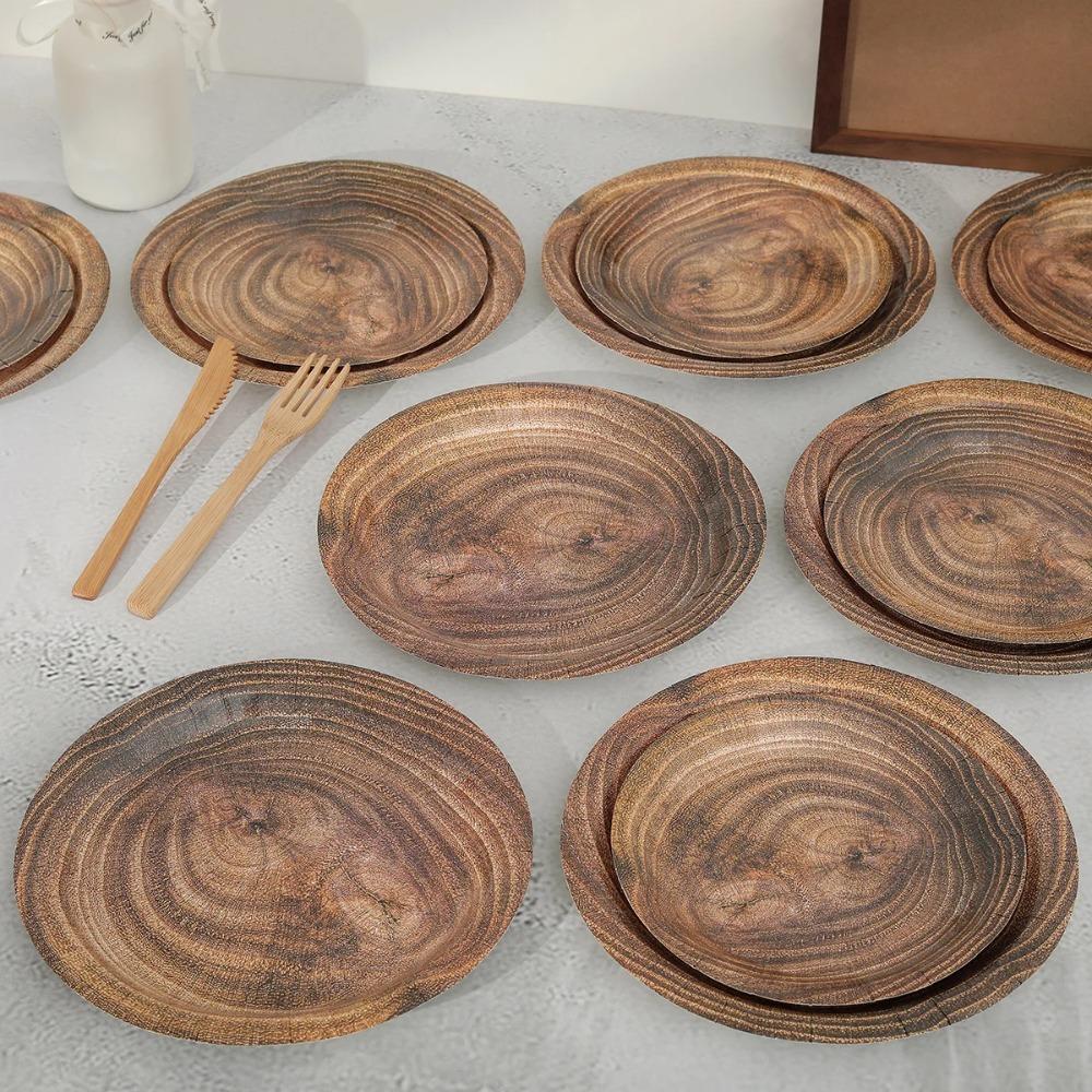 10pcs Round Imitation Wood Grain Disposable Plate Vintage Paper Food Tray Disposable Dish Picnic