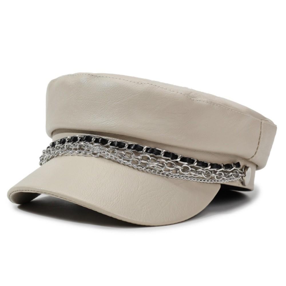 PU Leather Beret Hat Silver Chain Decor Octagonal Beret Cap Vintage Peaked Hat Autumn Winter