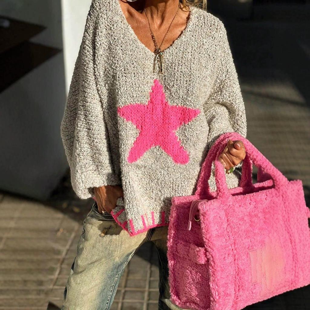 Women Plus Size Long Sleeve V Neck Star Pattern Knit Sweater