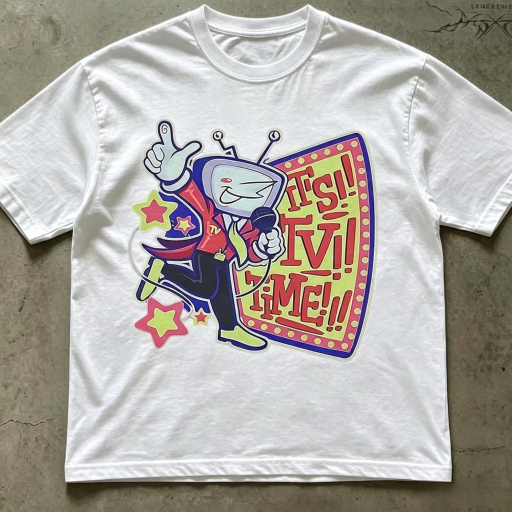 2026 Summer Vintage Oversized Tshirt For Adults Kids Retro Tv Head Cartoon Front Print Theme Art Loose Short Sleeve Street Tee