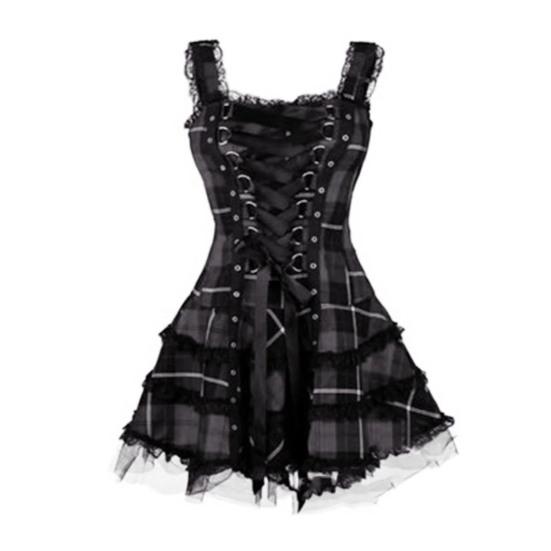 Steampunk Mini Medieval Dress for Women Plaid Renaissance Corset Lace Trim