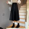 Women's Black High-Waist Leather Skirt: Autumn/Winter, Plus Size, Slimming, Mid-Length Umbrella Skirt