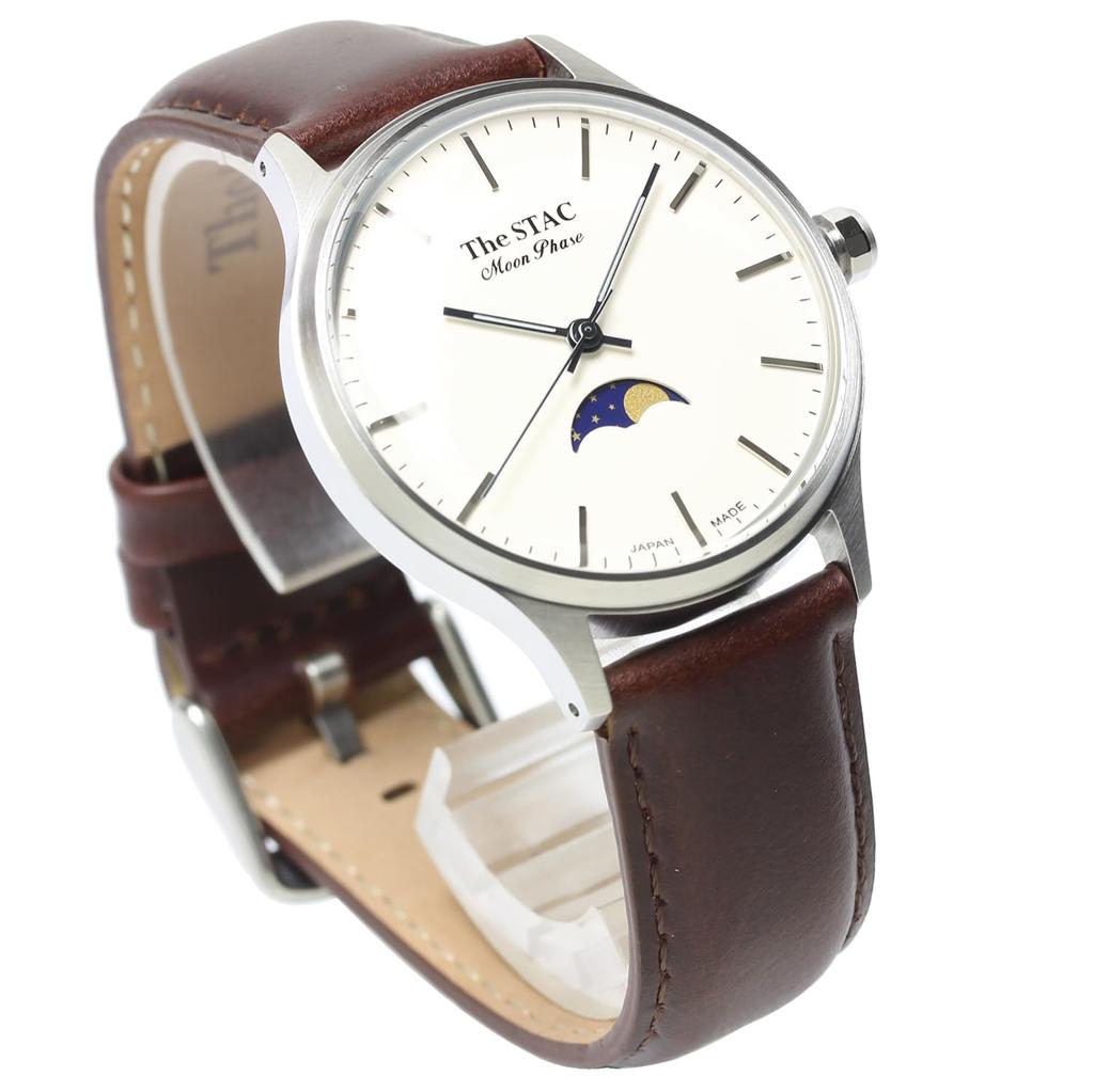 [The Stack] The STAC Made in Japan Domestic Watch 36mm Antique Retro Men's Women's Unisex Moon Phase Bar x White Brown ST-MF001