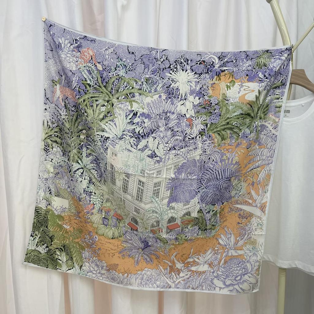 New European American and Korean Printed Silk Scarf with Large Square Scarf Versatile High-end Twill Sunscreen Decorative Shawl Scarf for Women