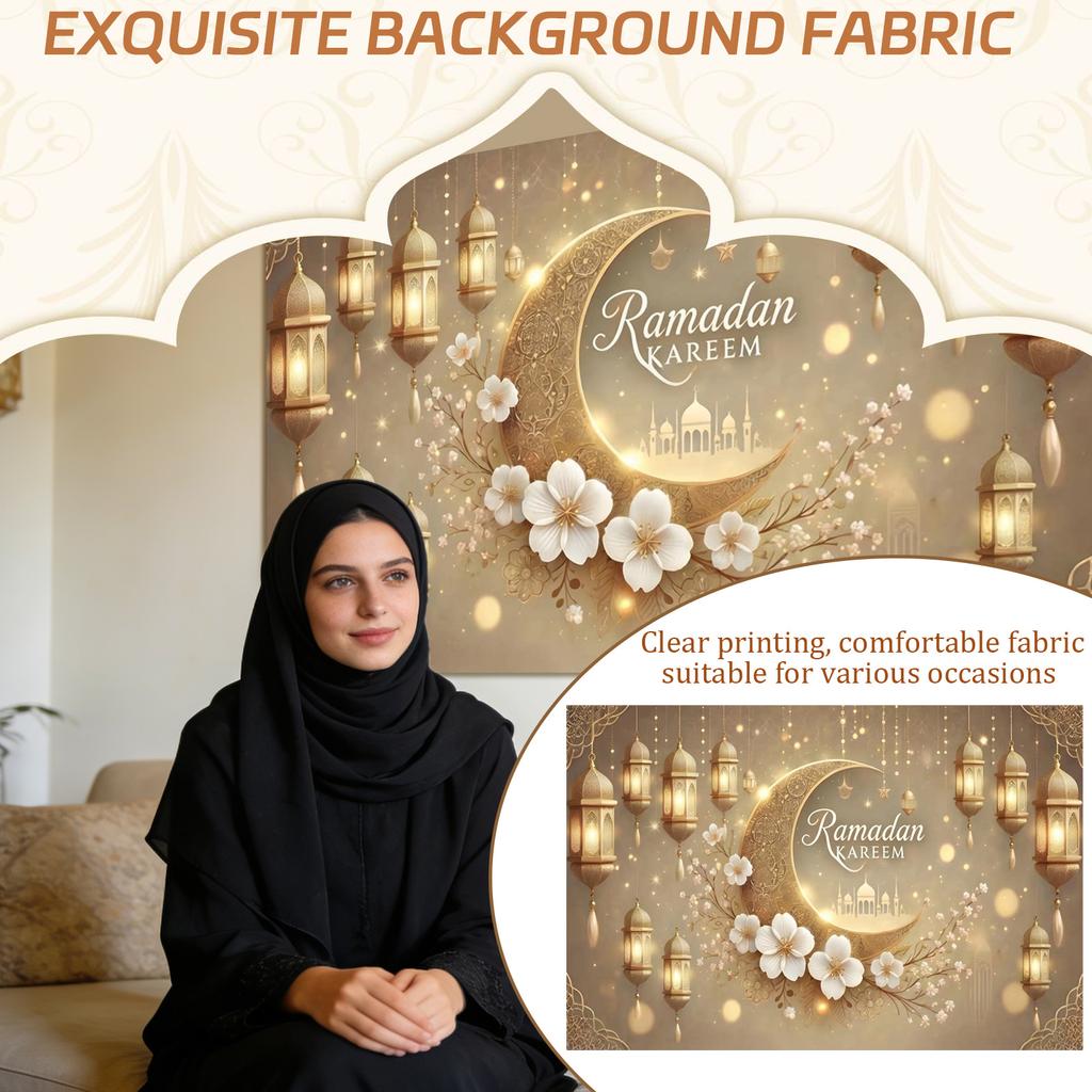 Eid Al-Fitr Themed With Crescent Moon Mosque Pattern. Suitable For Ramadan Festival Parties And Decorations. High-definition Printed, Washable