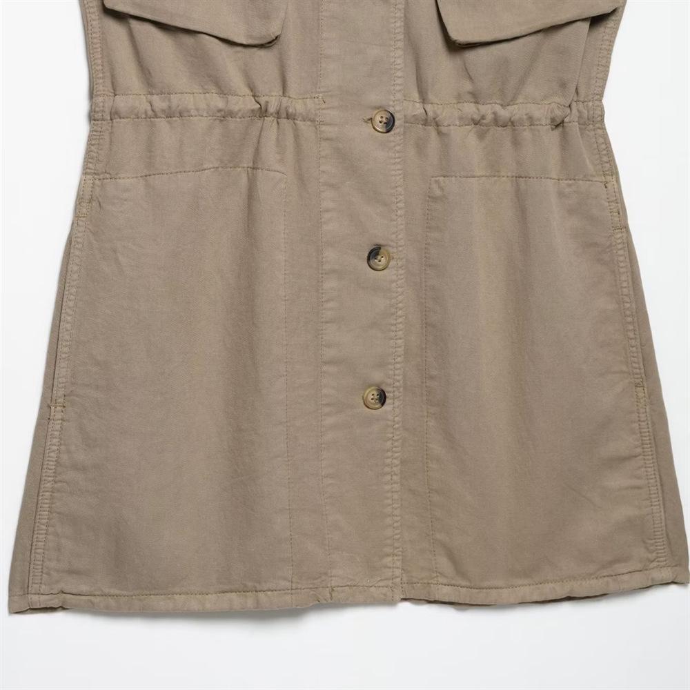 2025 Spring/Summer Women's Slim Fit Sleeveless Lapel Dress with Pocket Detail